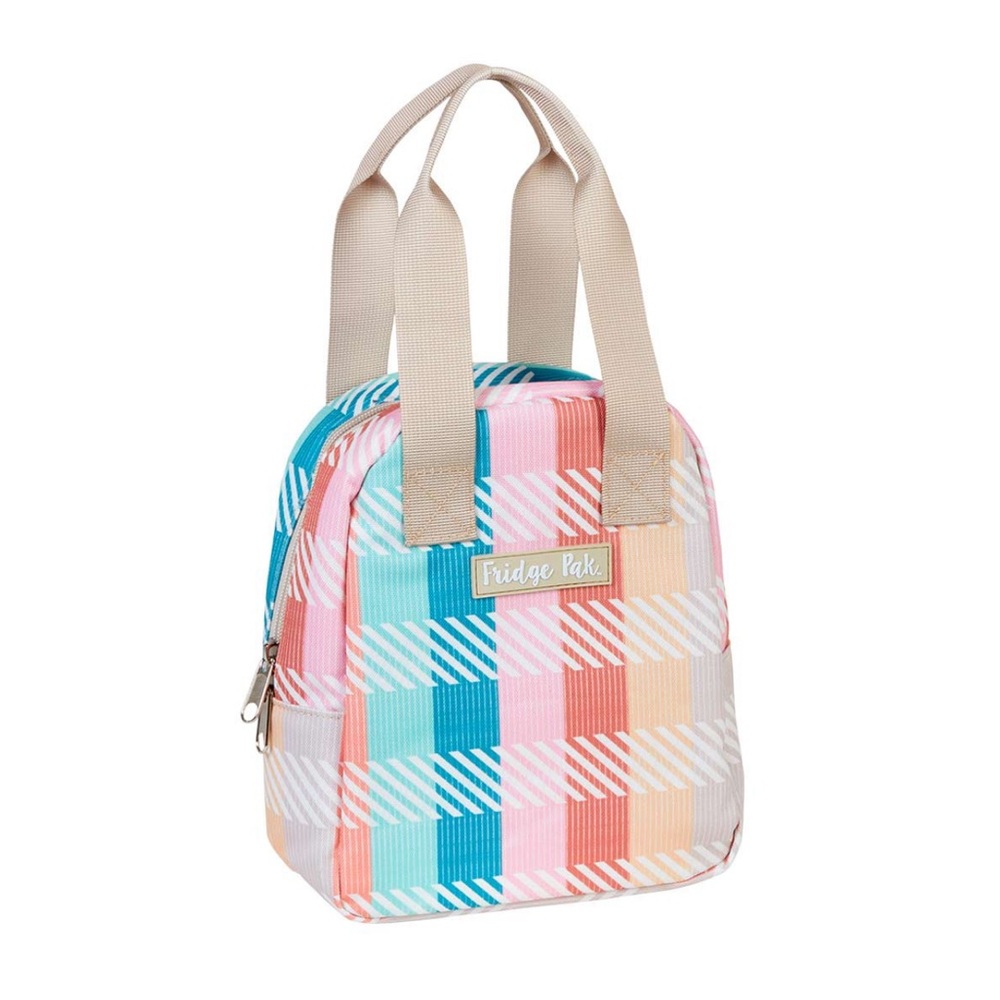 New Fridge Pak Personal Lunch Tote, Plaid Stripe/Beige 9in H x 7.25 W x 3.5 in D